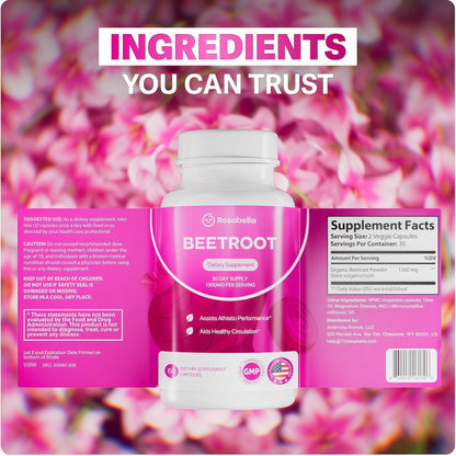 Rosabella Organic BeetRoot Capsules - 1300mg Beet Root Powder Aids Healthy Circulation & Vitality, Non-GMO, Beet Root Supplement - 60 Capsules, 30-Day Supply