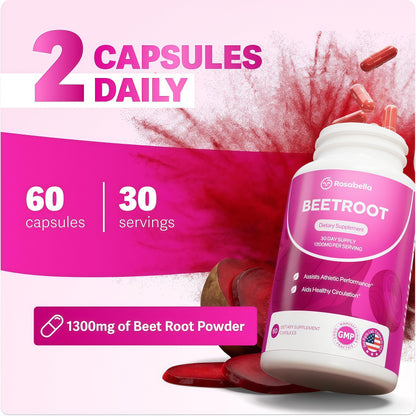 Rosabella Organic BeetRoot Capsules - 1300mg Beet Root Powder Aids Healthy Circulation & Vitality, Non-GMO, Beet Root Supplement - 60 Capsules, 30-Day Supply
