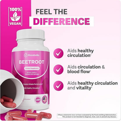 Rosabella Organic BeetRoot Capsules - 1300mg Beet Root Powder Aids Healthy Circulation & Vitality, Non-GMO, Beet Root Supplement - 60 Capsules, 30-Day Supply