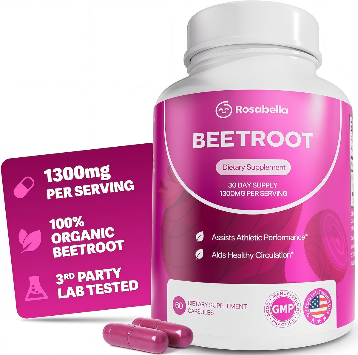Rosabella Organic BeetRoot Capsules - 1300mg Beet Root Powder Aids Healthy Circulation & Vitality, Non-GMO, Beet Root Supplement - 60 Capsules, 30-Day Supply