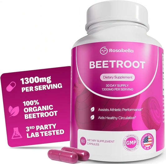 Rosabella Organic BeetRoot Capsules - 1300mg Beet Root Powder Aids Healthy Circulation & Vitality, Non-GMO, Beet Root Supplement - 60 Capsules, 30-Day Supply
